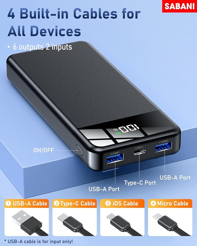 Portable Charger 35000mAh Power Bank - Powerbank with 4 Built in Cables, 22.5W Fast Charging Travel Camping Essential Battery Pack Compatible with iPhone 17 16 15 14 13 Samsung Google, 1 Pack