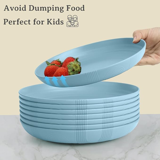 Wheat Straw Plates - 10 Inch Unbreakable Deep Dinner Plate Set of 8 - Dishwasher & Microwave Safe Plastic Plates Reusable - Lightweight Plate for Kitchen,Outdoor, RV. (Light Blue)