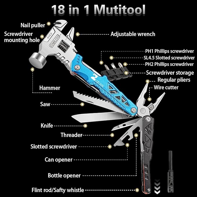 18 in 1 Multitool,Blue,Professional Stainless Steel Multitool Pliers with Replaceable Alloy Steel Blades Wire Cutters,Bottle Opener,Apply to Survival,Camping & Hunting,for Father's Day gift
