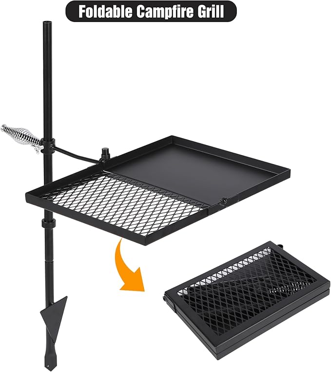 Lineslife Swivel Campfire Grill Grate and Griddle, Adjustable Fire Pit Grill Grate Over Fire Pit, Camp Fire Cooking Grate with Carrying Bag for Outdoor Camping BBQ, Rectangle Black