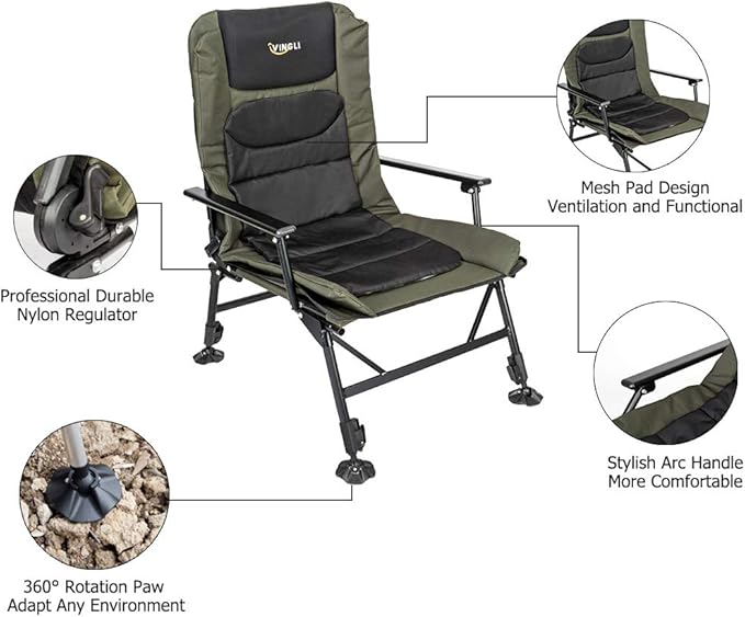 VINGLI Heavy Duty Fishing Chair with Footrest Support 440 LBS, Oversized Camping Chairs with 160° Adjustable High Back, Beach Chair for Outdoors/Yard/Forest