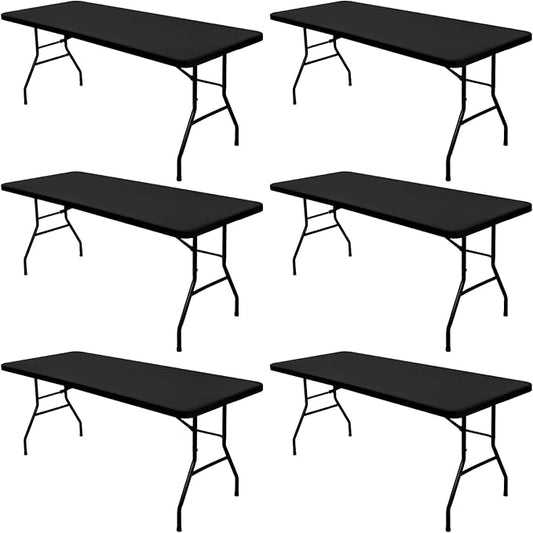 6 Pack Picnic Table Cover Fitted Tablecloth for 8 Foot Rectangle Tables Elastic Waterproof Stretch Washable Patio Folding Outdoor Spandex Table Cloth for Camping Banquet and Parties (Black,30" x 96")