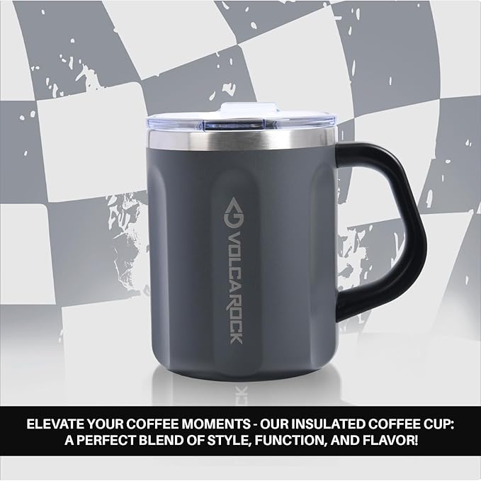 Stainless Steel Coffee Mug Cup with Handle, 16 oz Double Wall Vacuum Insulated Travel Mug Tumbler With Slider Lid, Insulated Camping Tea Flask for Hot & Cold Drinks (Grey)