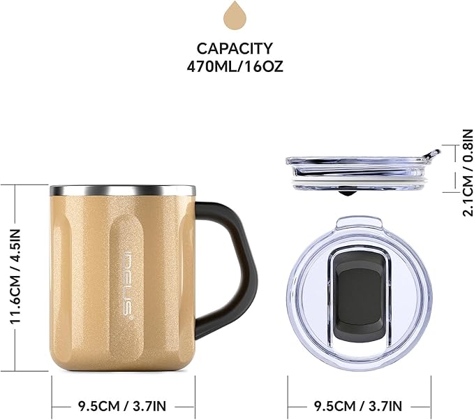 Ideus 16 oz Coffee Cup, Stainless Steel Coffee Travel Mug, Spill Proof Tea Mug with Handle and Lid, Lightweight and Durable, Great for Office Home and Outdoor Use, Peach