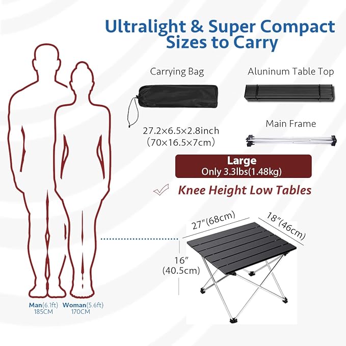 Grope Portable Camping Table with Aluminum Table Top, Folding Beach Table Easy to Carry, Prefect for Outdoor, Picnic, BBQ, Cooking, Festival, Beach, Home (Black-L)
