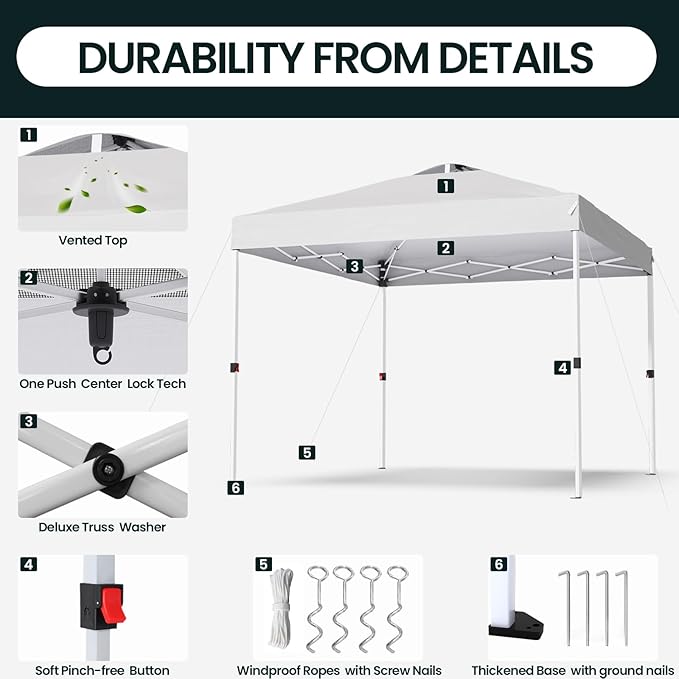 Shades 10x10 Pop Up Canopy with One Push Setup,Heavy Duty Beach Tent with Wheels for Easy Moving, Sun Shelter for Parties,Events, Outdoor Gazebo with 420D Coated Waterproof White Fabric