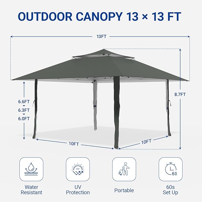 Favofamilie13x13 FT Pop Up Canopy, Instant Setup Gazebo with 4 Sidewall, Wheeled Carry Bag, 4 Sandbags & 4 Ropes, UV-Resistant Top, Heavy Duty Outdoor Shelter for Backyard Camping Events, Grey