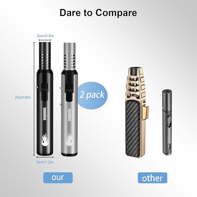 Sondiko Butane Torch Lighter 2 Pack, Refillable Butane Lighter, Kitchen Torch Blow Torch with Safety Lock & Adjustable Flame Culinary Cooking Torch for Food(Black, Silver)