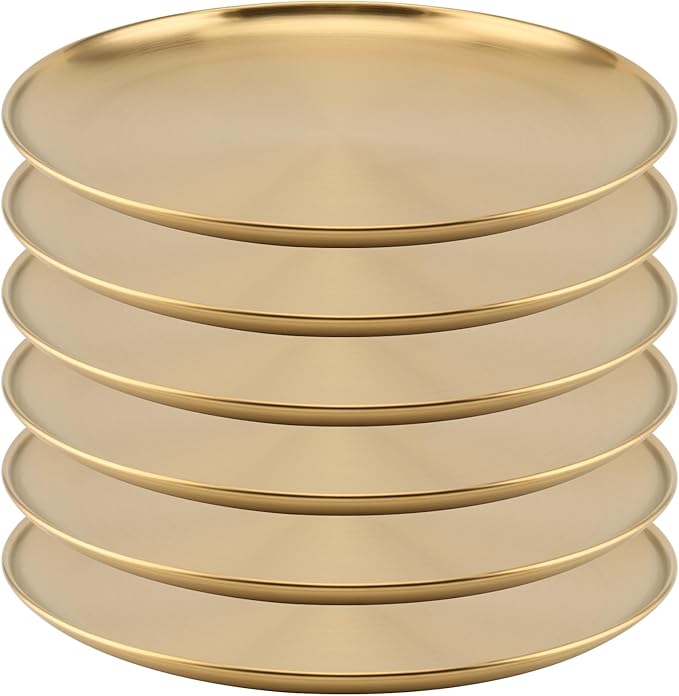 MOUYAT 6 PCS 12 Inch Large Stainless Steel Plate, 30cm Round Dinner Metal Plates, Metal Salad Steak Plates Reusable Dinner Dish for Eating Serving Camping Outdoor BBQ Home Kitchen, Frosted Gold