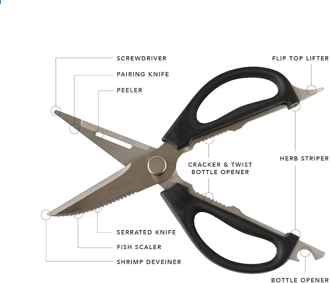 Kitchen Scissors: Heavy Duty Stainless Steel Utility Kitchen Shears for Poultry, Vegetables, Meat, Seafood, Herbs | Multi-Function Cooking Scissors with Large Black Soft Grip Handles by Cestari