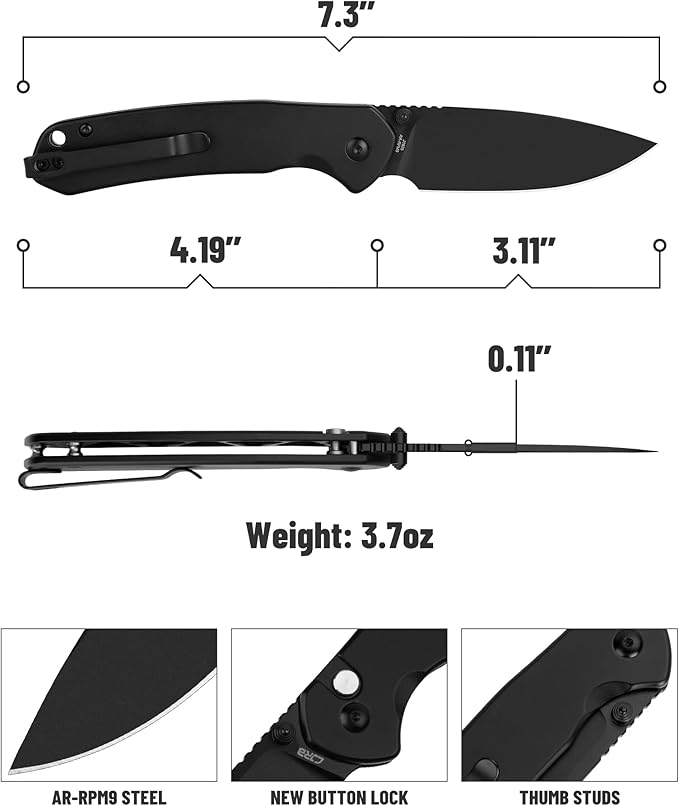 CJRB Folding Knife Pyrite (J1925) AR-RPM9 Blade and Black PVD Stainless Steel Handle Button Lock EDC Pocket Knife with Clip