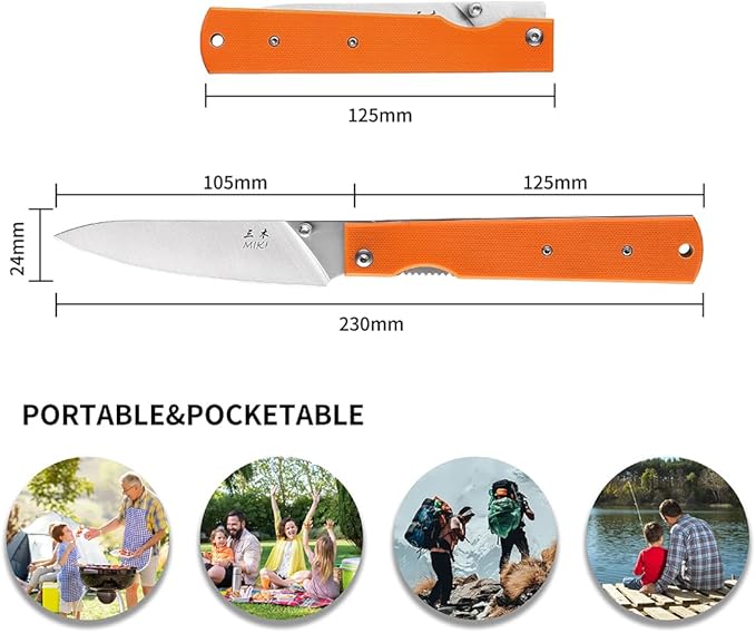 Miki 440A Stainless Steel Blade Japanese Kitchen Chef Folding Pocket Knife for Camping Knife,orange G10 Handle Petty Knife Fruit Knife Paring Knife Peeling Knife Small Drop Point