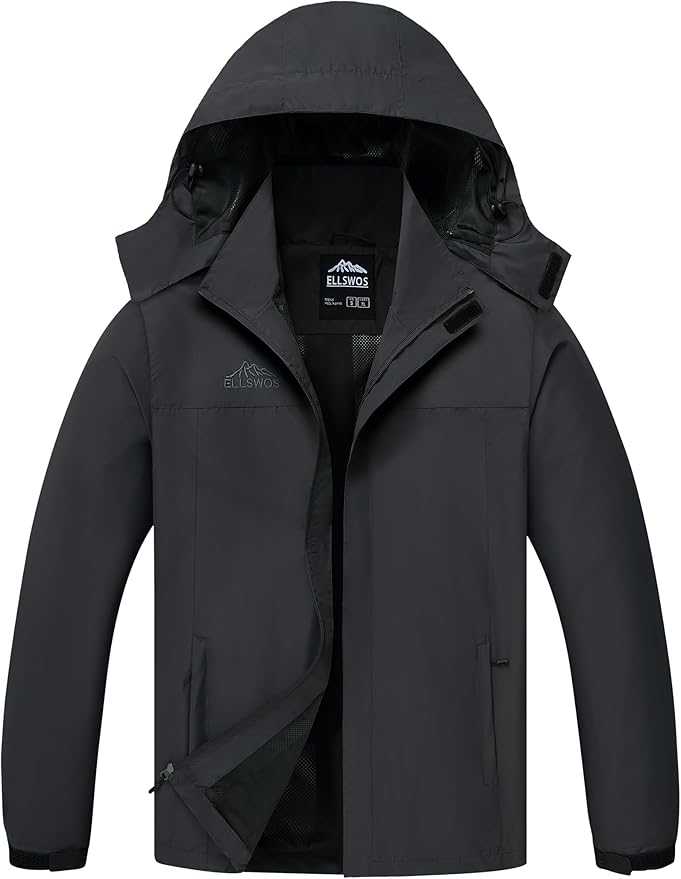 ELLSWOS Men's Waterproof Raincoat Lightweight Rain Jacket with Detachable Hood Softshell Windbreakerl for Hiking Travel