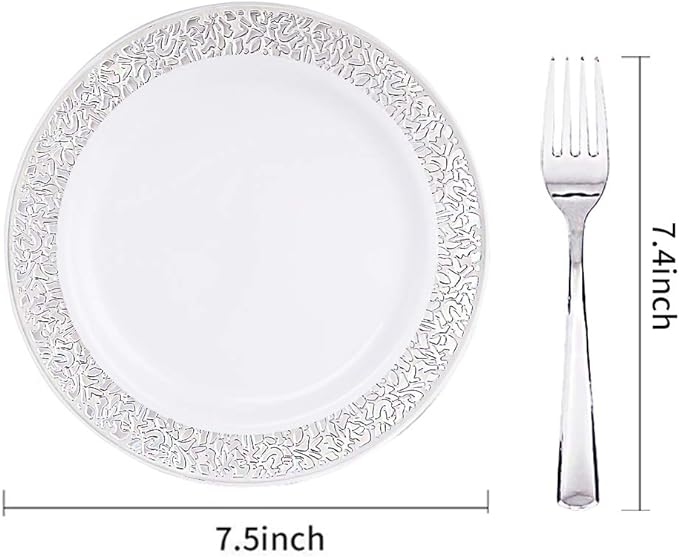 WDF 100pcs Silver Plastic Dessert Plates 7.5" with 100 Pieces Disposable Forks 7.4", Silver Plates Appetizer Plates Small Plates, Fancy Salad Plates and Cake Plates for Party/Wedding