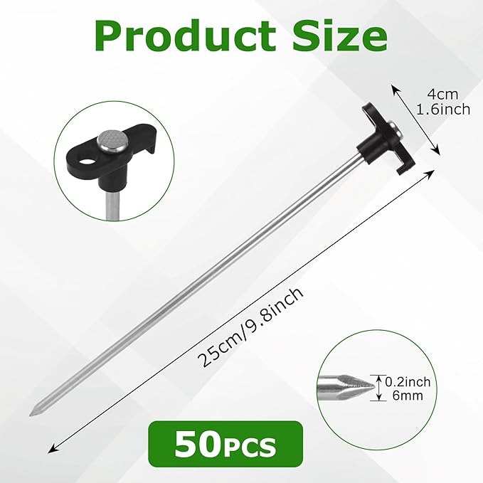 50Pcs Tent Stakes Heavy Duty, 10 Inch Tent Stake Metal, Black Galvanized Non-Rust Ground Stakes for Camping, Outdoor, Travel, Grassland, Yard