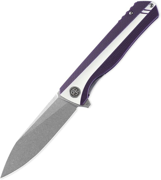 Petrified fish PF818,3.54" D2 Blade,104g G10 Handle Flipper Folding knife (Stonewash, White and Purple)