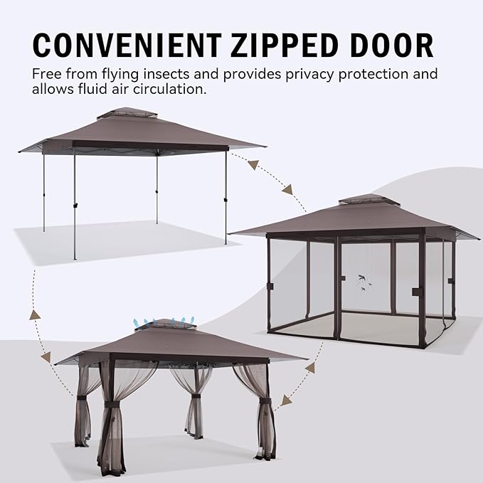 13x13 Outdoor Patio Gazebo with Mosquito Nettings - Double Roof Pop Up Canopy Tent with Wheeled Carry Bag, for Backyard Deck Lawns Garden (Brown, 13x13)