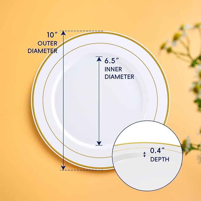 JOLLY CHEF 200 Pieces Gold Plastic Plates, 10 Inch Elegan Disposable Plates White Plate with Gold Rim,Plastic Plates for Dinner、Birthdays and Weddings