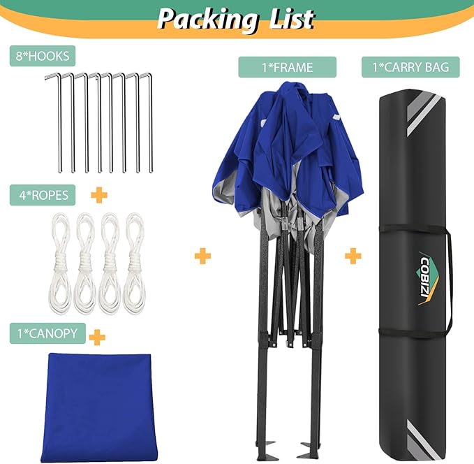 COBIZI 6.6x6.6ft Pop Up Canopy Tent, Heavy Duty Canopy Easy Set up All Weather Waterproof Outdoor Canopy Tent for Parties, Beach, Garden, Camping with 1 Handbag, UPF50+, Deep Blue