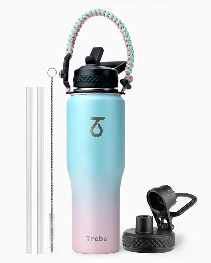 Trebo 32oz Insulated Water Bottle that Fits in Cup Holder, Stainless Steel Triple Wall Tumbler Flask Bottles with Paracord Handle, with Straw Spout Lids, Keep Cold for 48 Hrs/Hot 24 Hrs,Bubble Gum