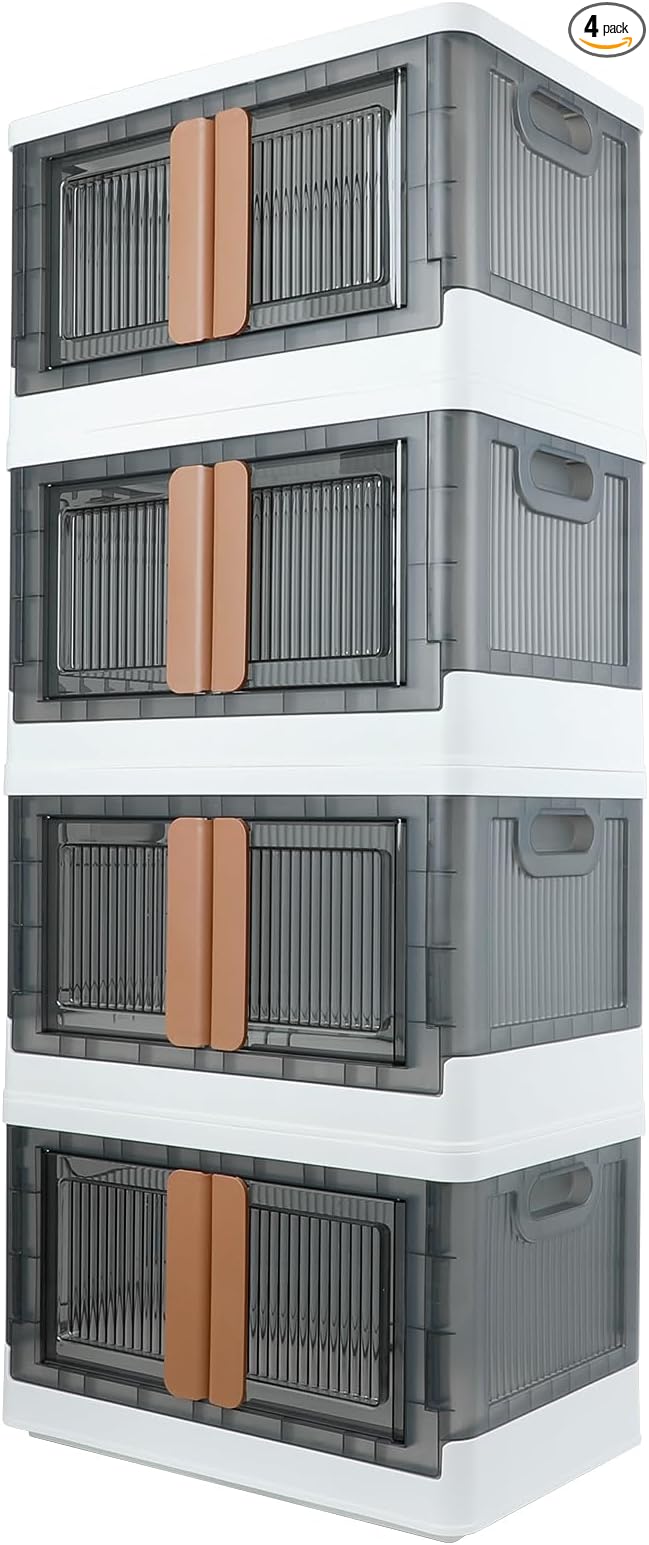 Storage Bins, Cabinet with Lids, Single 8.4 Gallon Capacity, 4 Pack, Stackable, With Double Door, Bottom Wheels, Collapsible, Transparent, Dustproof