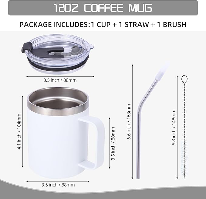 Volhoply 12oz Insulated Leakproof Coffee Mug with Flip & Straw Lid Bulk 8 Pack,Not Suitable for Sublimation,Double Wall Vacuum Stainless Steel Travel Tumbler Cup with Handle(White,8 Set)
