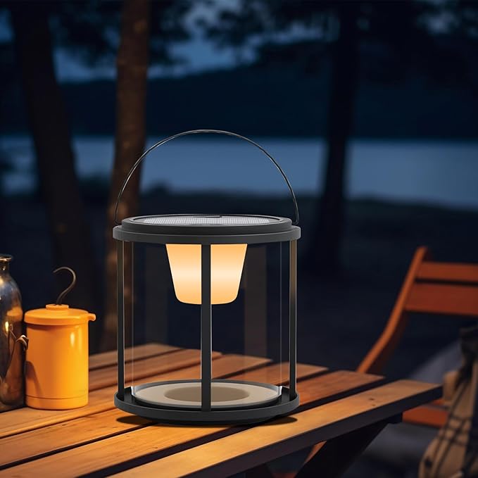 Solar Outdoor Table Lamp, Portable Metal Lantern with Multicolor, Water-Resistant Table Lamp Rechargeable with USB and Solar Charging, for Patio, Garden, Camping, Yard, Porch