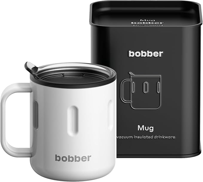 BOBBER 10 oz Insulated Tea Cup with Lid & Handle – Stainless Steel Tea Thermos Cup for Hot and Cold Drinks – Double Walled, & Reusable Travel Mug for Office (White)