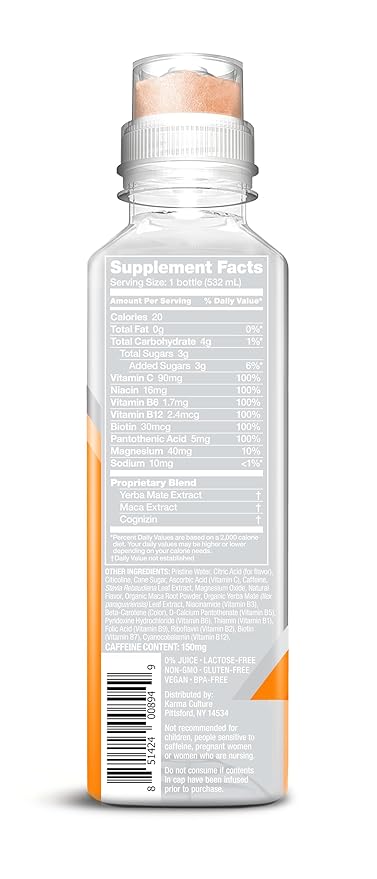 Karma Energy Drink – 12 Pack, Orange Mango Caffeinated Water with Cognizin® Nootropics, Vitamins & Immune Support, Low Calorie