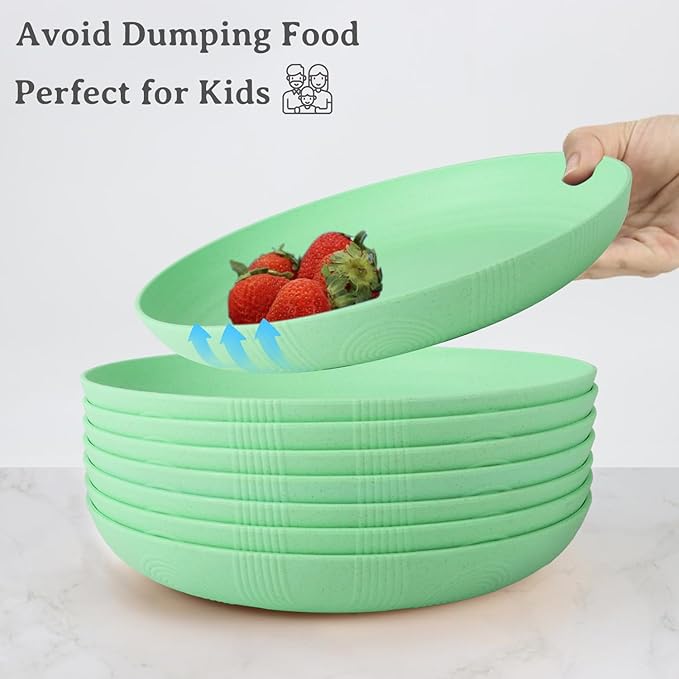 Wheat Straw Plates - 10 Inch Unbreakable Dinner Plates Set of 8 - Dishwasher & Microwave Safe Plastic Plates Reusable for Kitchen and Camping (Light Green)