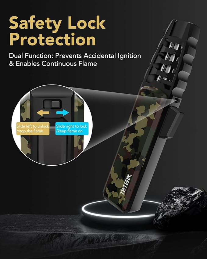 TBTeek Butane Torch Lighter - Adjustable Jet Flame Lighter, Blow Torch, Refillable Bright Fire Torch, Cooking Torch with Safety Lock for Kitchen, BBQ, Baking, Candle, Camping, Camo (Gas Not Included)