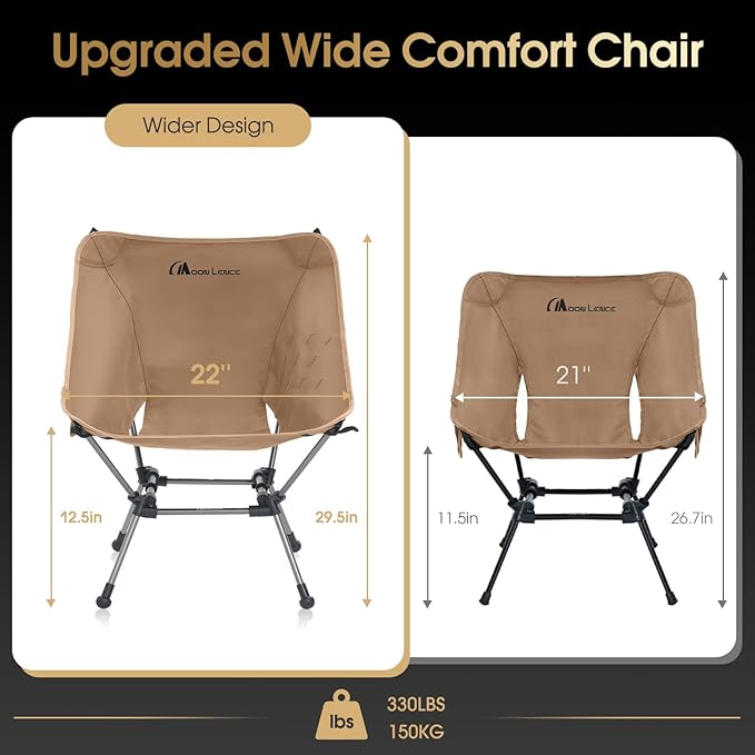MOON LENCE Camping Chair Plus, Upgraded Comfort & Size, Still Compact and Lightweight, Folding Portable Chair for Backpacking & Hiking, 400Lbs Capacity, Gen 3 Plus (Khaki 2 Pack (Plus))