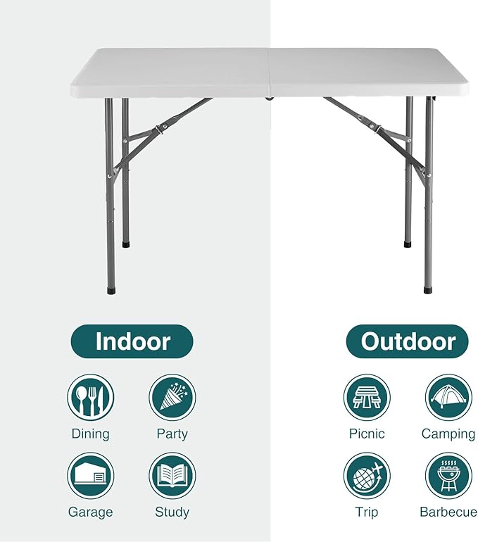 Simple Deluxe 4 FT Foldable Table with Built in Handle & Steel Legs, Heavy Duty Portable Table, Folding Table Outdoor Indoor with Carrying Handle for Camping, Picnic, Party, White