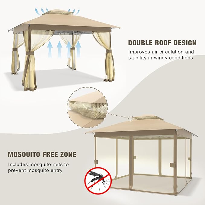 Pop Up Gazebo 11x11 - Outdoor Canopy Tent with Mosquito Netting & Wheeled Carry Bag, Double Roof Gazebos for Backyard Party Garden Wedding Camping (Beige, 11x11)