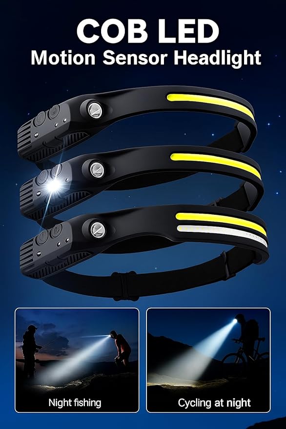 3-Pack Rechargeable LED Headlamps – High-Power USB Headlights COB Floodlight & Motion Sensor – Super Bright, Adjustable Beam, Water-Resistant – Ideal for Camping, Work, Fishing, Biking, Running