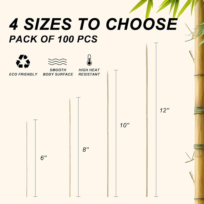 12 inch Natural Bamboo Skewers for Grilling,Chocolate Fountain,Kabob,Crafts,Barbecue,Flower Bouquet, Bouquet Wrapping Paper. Diameter=4mm. More Size Choices 6"/8"/10"/12"/36"(100 PCS)