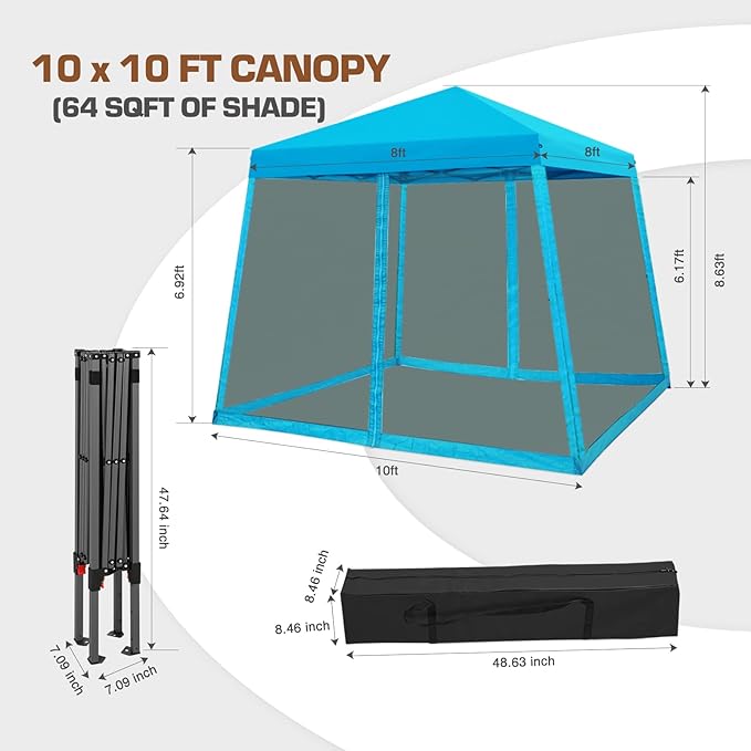 EAGLE PEAK 10x10 Slant Leg Easy Setup Pop Up Canopy Tent with Mosquito Netting 64 sqft of Shade, Light Blue