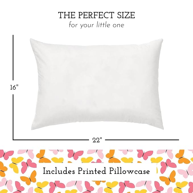 Little Sleepy Head Youth Pillow with Pillowcase 16x22, Soft Jumbo Toddler Pillow, Hypoallergenic Pillow Case - Best Kids Pillows for Sleeping, Perfect Kids Travel Pillows (Butterflies)