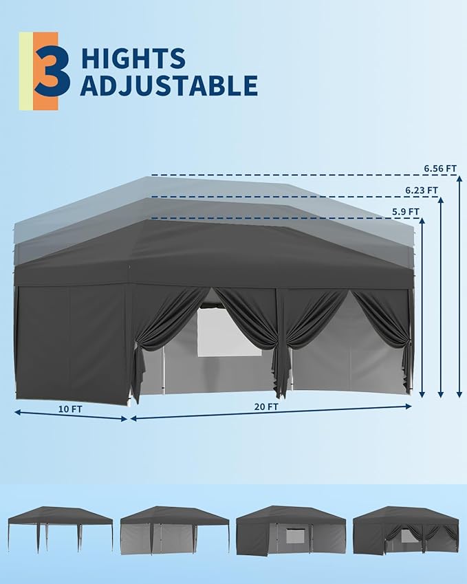 10x20 Pop Up Canopy Tent Outdoor Canopy with 6 Removable Sidewalls One-Person Set Up Heavy Duty Commercial Instant Tent Shelter-Gray
