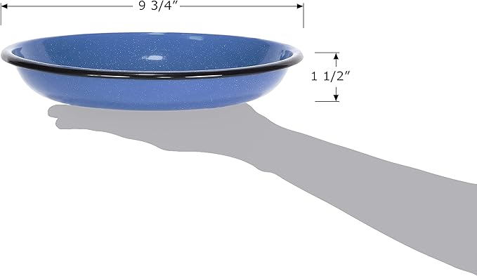 Red Co. Set of 4 Enamelware Metal 10” Round Camping Plates, White-Speckled Blue/Black Rim