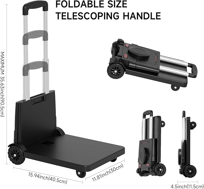 Folding Trolley for Moving, 220 lbs Heavy Duty Luggage,4 Wheel Foldable,Expandable Platform with Bungee Cord, Portable Moving Utility Carts Trolley Cart, (Black, M)