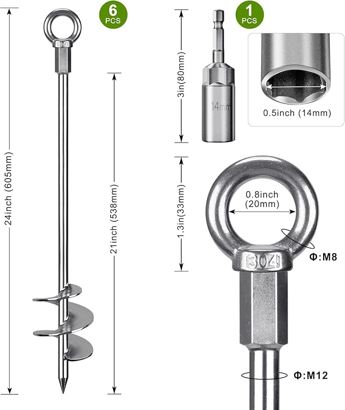 24'' Fully Welded Ground Anchors Screw in, 3'' Wider Spiral Earth Anchor for Swing Set, 6pcs Mobile Home Anchors, Wind Resistant Trampoline Wind Anchors, Ground Anchors for Sheds