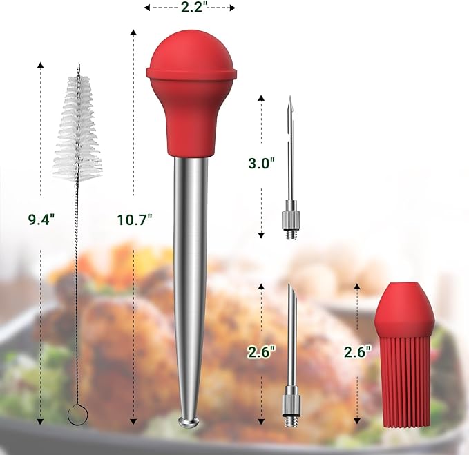 Vondior Turkey Baster for Cooking, Food Grade Stainless Steel Turkey Baster Syringe with Barbecue Basting Brush and 2 Marinade Injector Needles and Cleaning Brush, Red