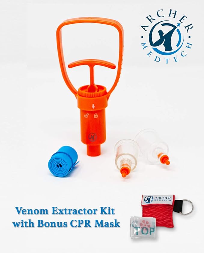 Archer MedTech Ven‑Ex Snake Bite & Bee Sting Kit – Portable Venom Extractor Pump with 2 Suction Cups, Tourniquet & Bonus Key‑chain CPR Face Shield – Compact First Aid for Hiking, Camping & Backpacking