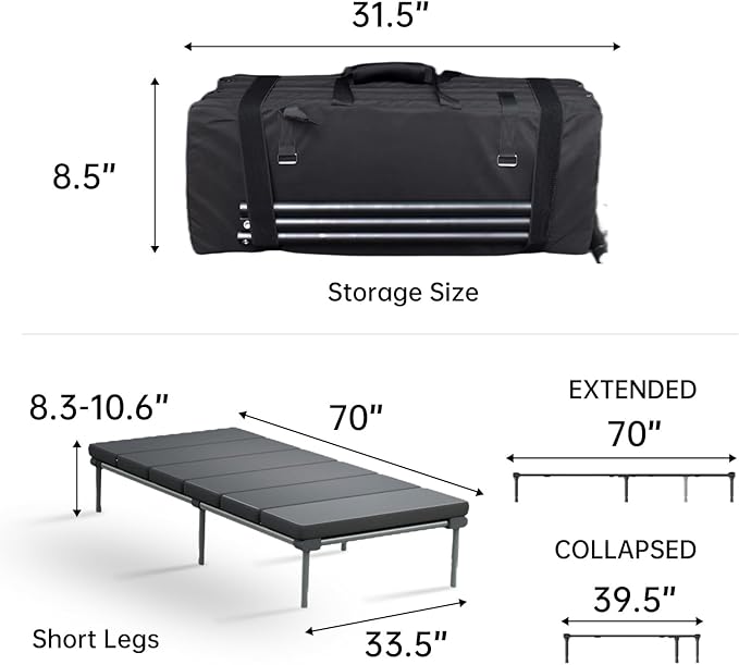 Folding Camping Cot for Adults,Heavy Duty Outdoor Bed with Adjustable Leg and Length 600D Oxford 400lbs Max, SUV Sleeping Platform for Traveling Black (Short Legs-Complete)