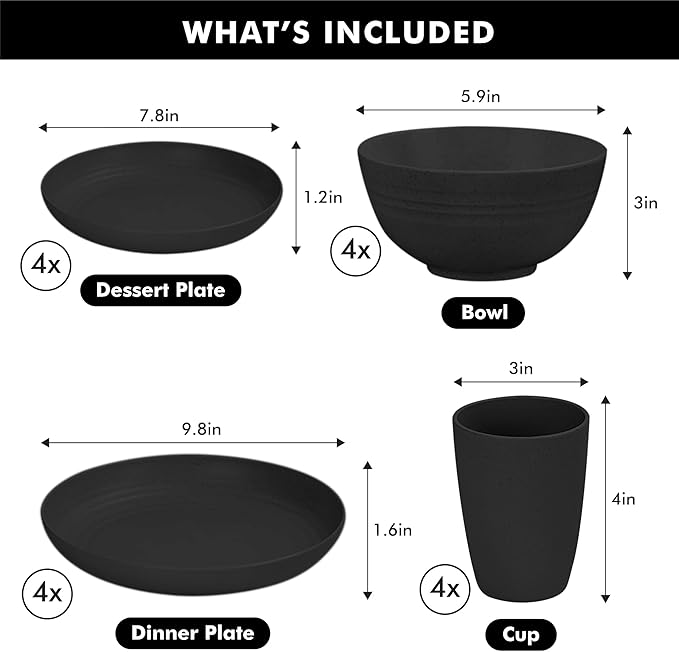 KFT 16-Piece Wheat Straw Dinnerware Set for 4, Onyx Black - Unbreakable Plates and Bowls Set, Eco-Friendly BPA-Free Kitchen Dishes for Camping, RV, Dorm & Everyday Use - Microwave Safe for Reheating