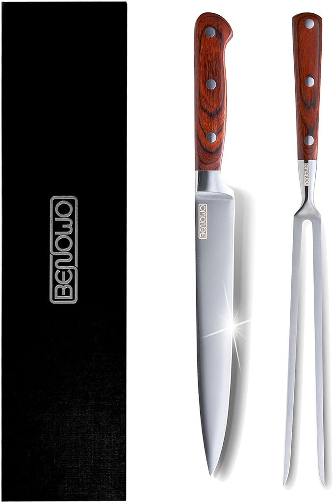 Benowo Carving Knife Set 2-Piece, 8-inch Turkey Carving Knife and Fork Set Stainless Steel Kitchen Knife for Steak, Hibachi Knife and Fork, BBQ Carving Fork with Gift Box – Designed in USA