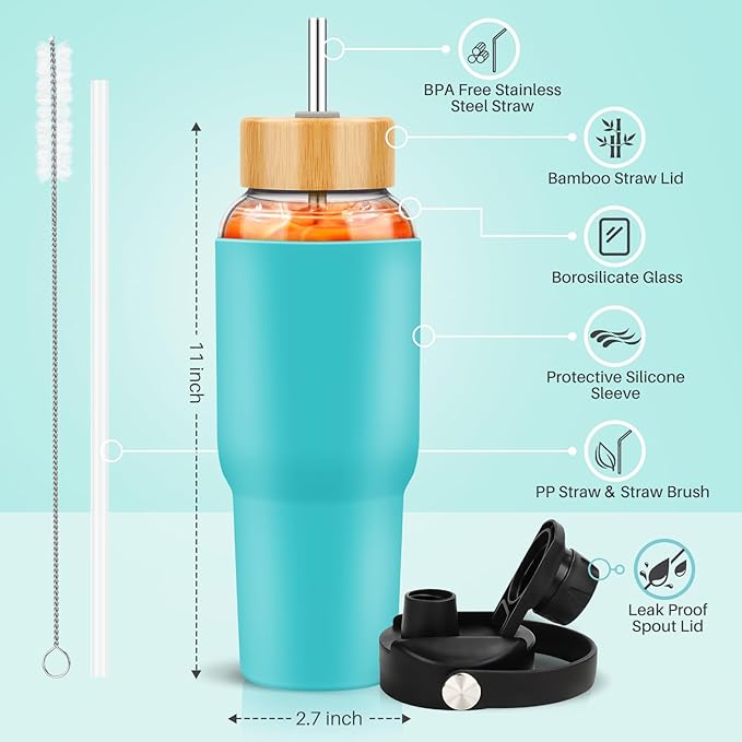 PROBTTL Glass Water Bottles 32 oz, 1 Liter Glass Tumbler, Borosilicate Water Bottle with Straw, Silicone Sleeve, 2 Lids - Handle Spout & Bamboo Straw Lid, Fits Car Cup Holder(AQUA)