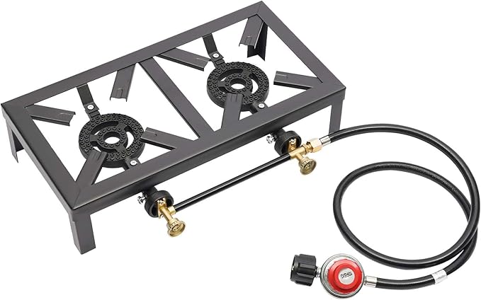 Double Burner Gas Stove, 8000W Portable Outdoor Propane Stove with Adjustable 0-10Psi Regulator Hose for Patio Camping, BBQ, Home Brewing, Turkey Fry, Maple Syrup Prep