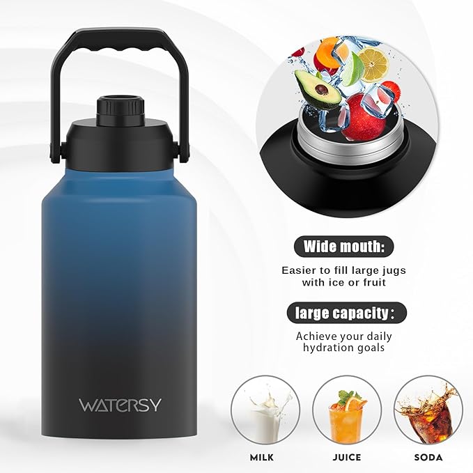 2/3 Gallon Water Bottle Insulated(Cold for 48 Hrs),BPA Free&Leak Proof,87oz Stainless Steel Water Jug/Flask,Big thermo,Large Water Bottle with Handle for Gym,Hiking,Camping,Gradient Blue